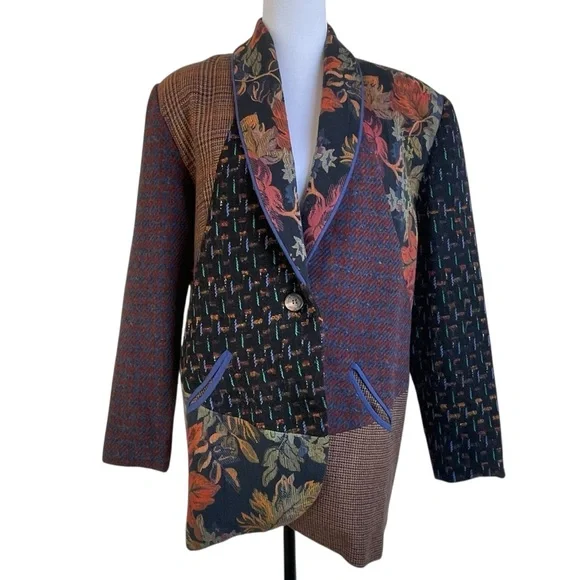 Patchwork Blazer Vintage Wool Mohair Blend Equestrian Artsy Size L